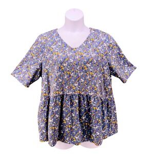 Denim And Co Floral Peplum Top Blue 1X‎